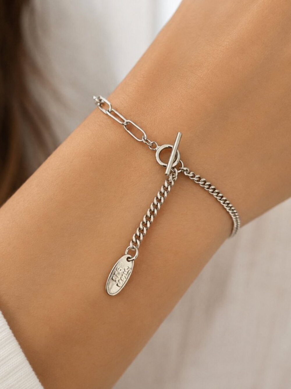 925 Sterling Silver Curb Link Bracelet Toggle Bracelet Asymmetric Bracelet